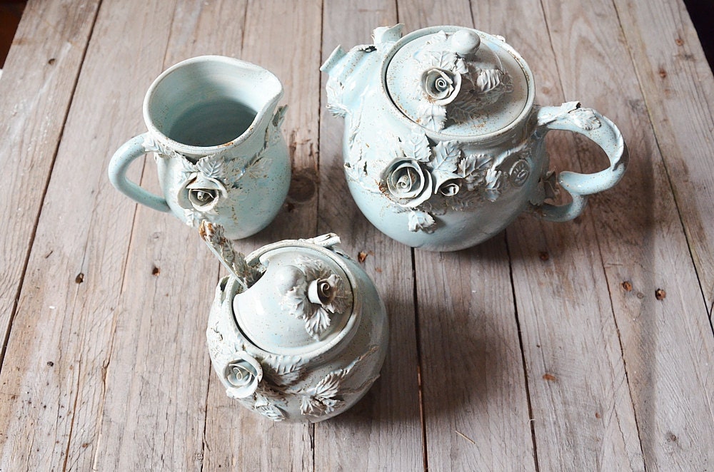 Set da Té Roseto azzurro in gres