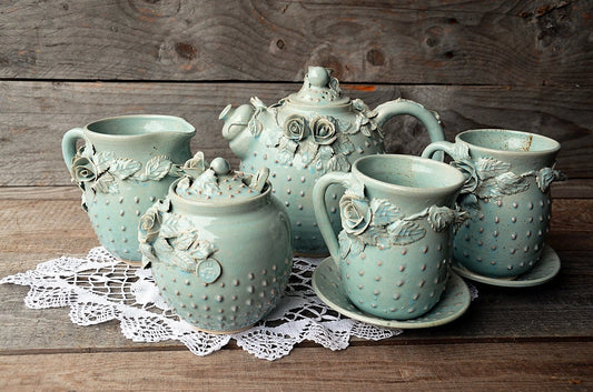 Set da Té Roseto Azzurro Puntinato Completo in gres