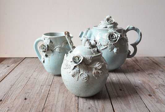 Set da Té Roseto azzurro in gres