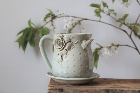 Tazza Rosa Alice Puntinato con piattino (azzurro ) - Tazza in gres fatta a mano